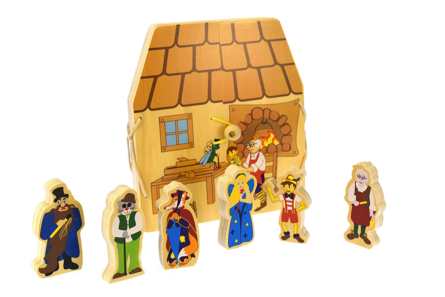 Pinocchio wooden book play set for imaginative storytelling, ideal for childrens creative play.