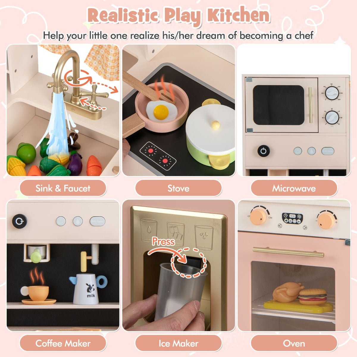 Pink Play Chef Kitchen Set with Fridge and Coffee Maker for imaginative kids cooking fun.