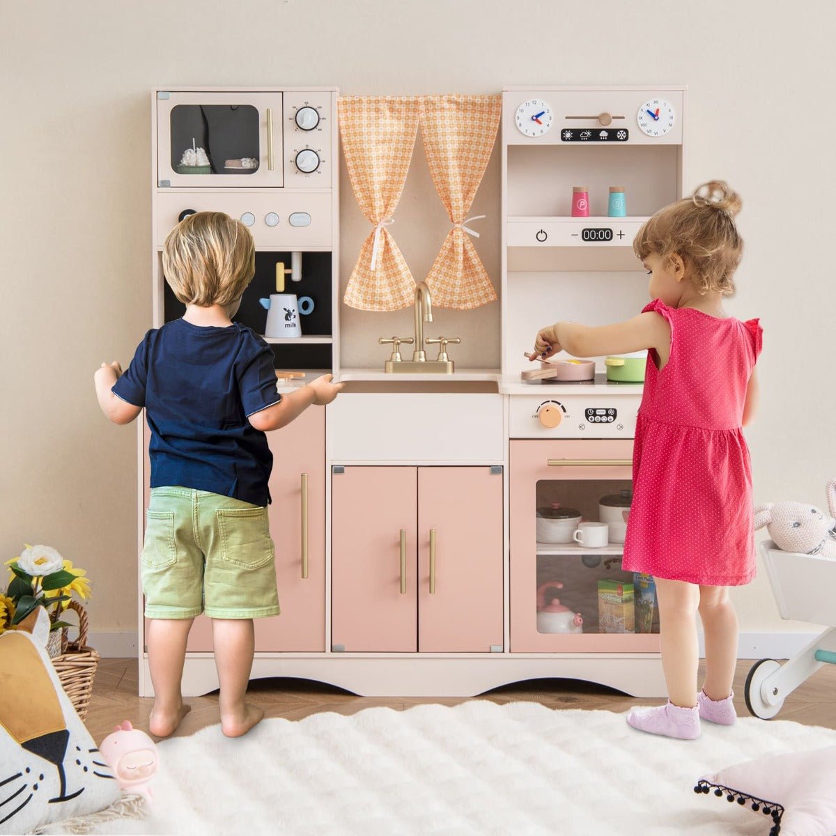 Colorful play chef kitchen set with fridge and coffee maker for kids imaginative play.