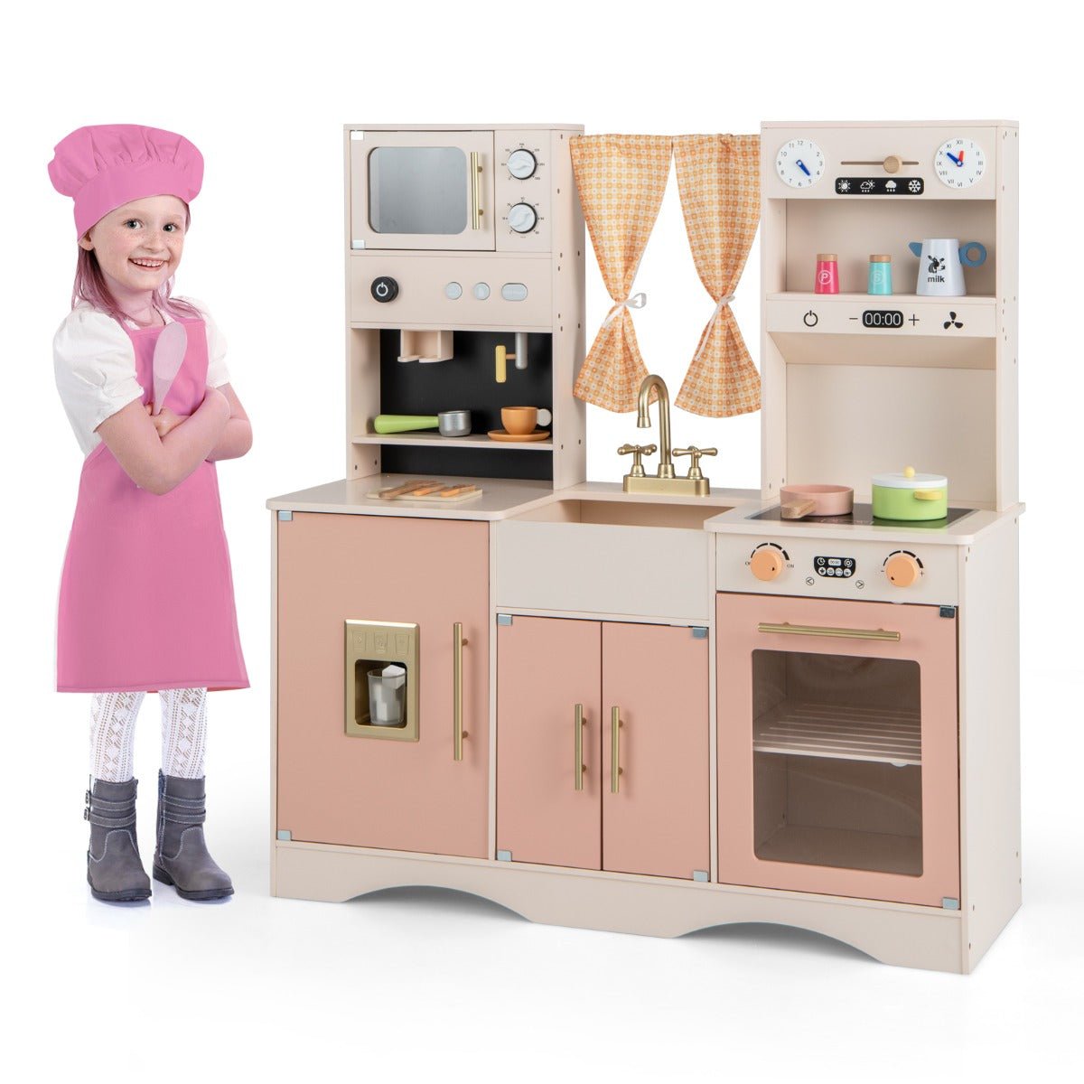 Pink Play Chef Kitchen Set with Fridge and Coffee Maker, ideal for imaginative culinary play.