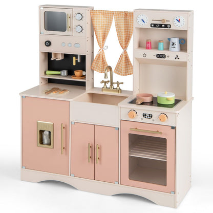 Kids pink play kitchen set with interactive fridge and coffee maker for imaginative fun.