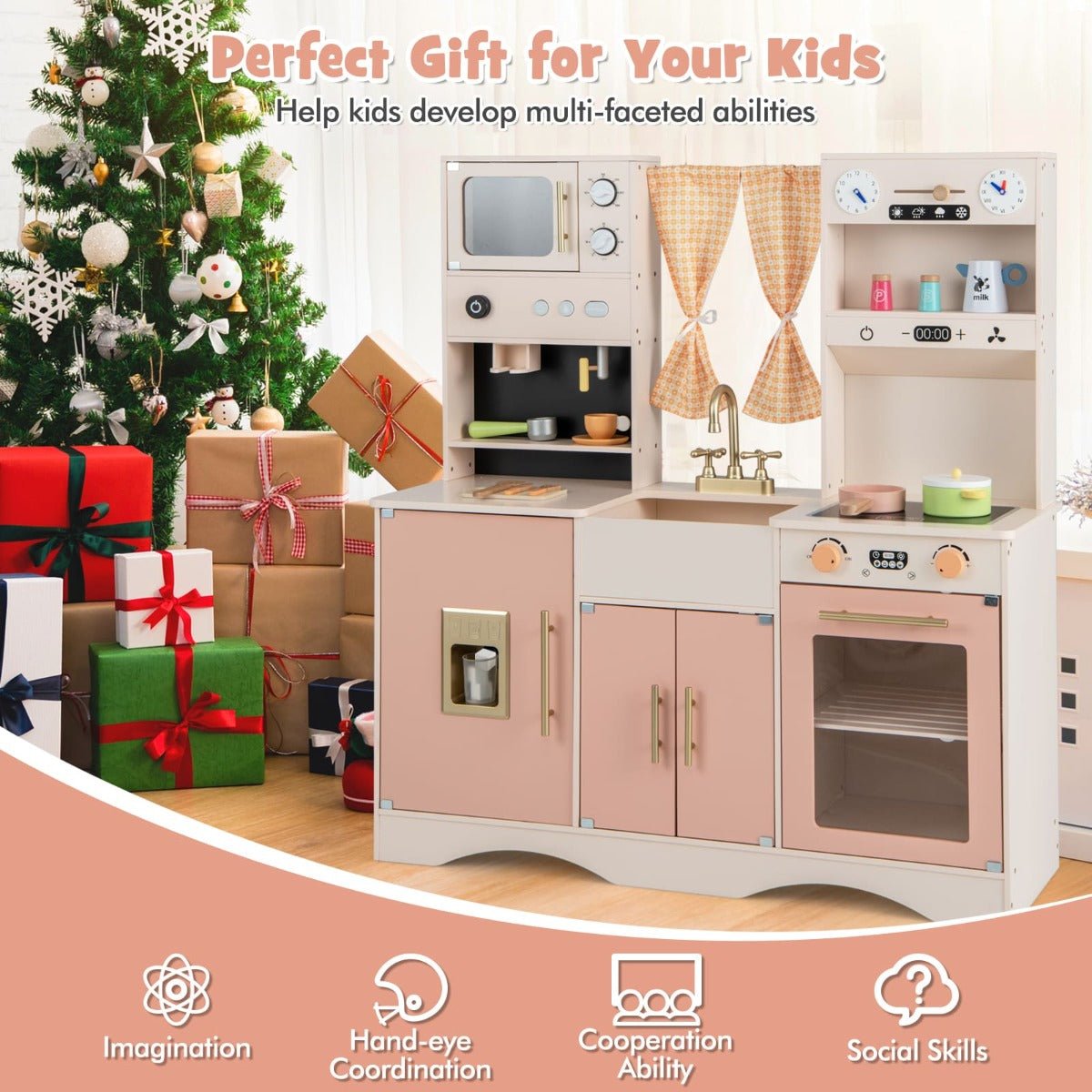 Pink play chef kitchen set with fridge and coffee maker for imaginative childrens cooking fun.