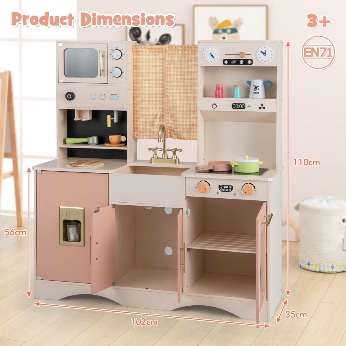 Kids pink play kitchen set with fridge and coffee maker - interactive cooking toy.