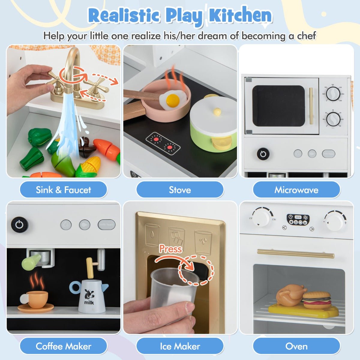 Kids play kitchen set with fridge and coffee machine for imaginative home cooking fun