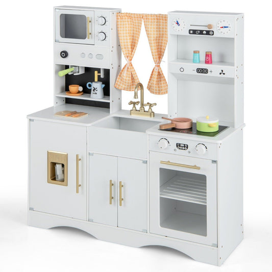 Kids play kitchen set with fridge and coffee machine for fun and imaginative play.