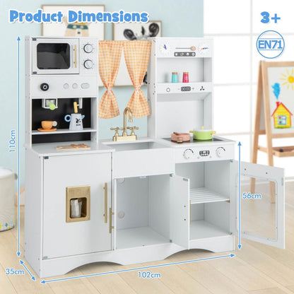 Kids play kitchen set with interactive fridge and coffee machine, perfect for imaginative play.