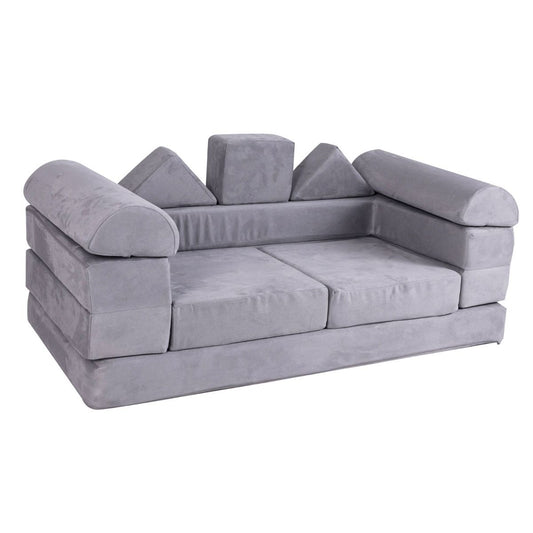 Modular play sofa set with washable grey covers, perfect for kids playroom activities with shapes.