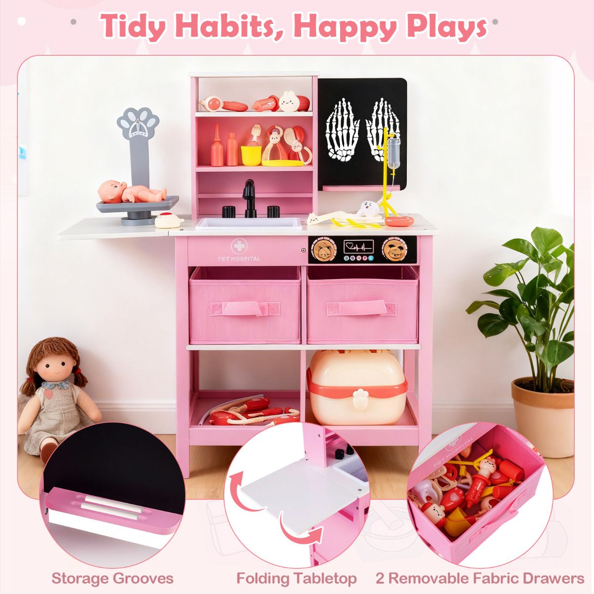 Pink Wood Doctor Playset | Blackboard Sink Scale Medical Toy