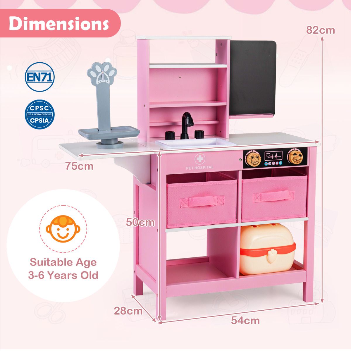 Pink Wood Doctor Playset | Blackboard Sink Scale Medical Toy