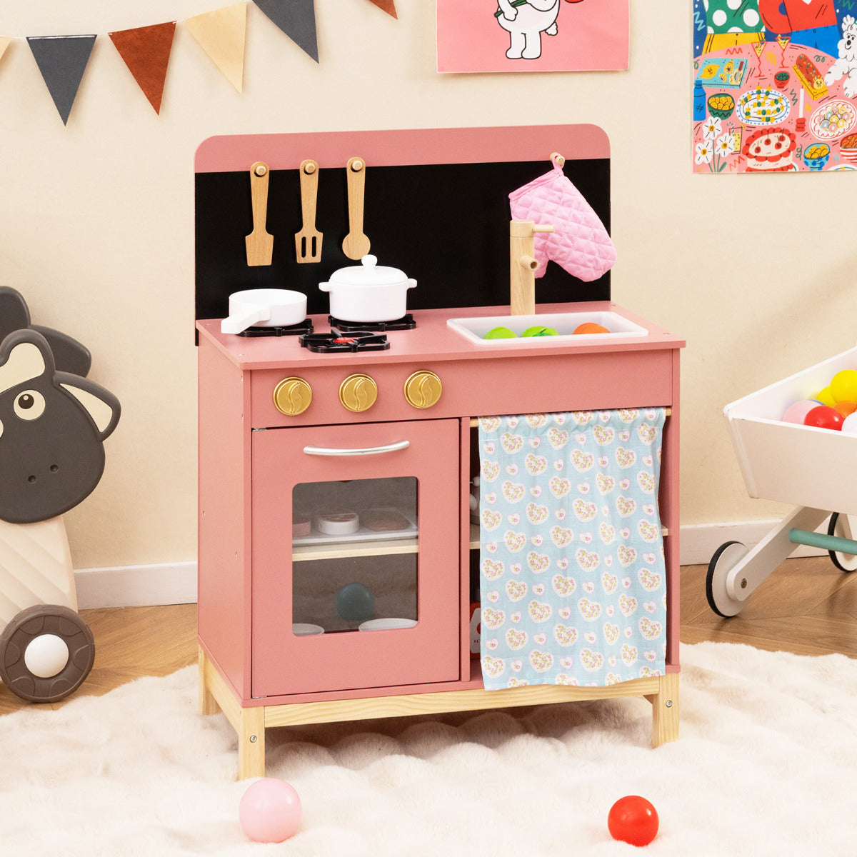 Play Kitchen for Kids Wooden Kitchen Playset Toy Kitchen Set Gift-Pink