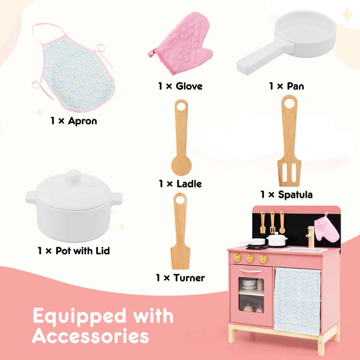 Pink Wooden Kitchen Playset | Cookware Accessories Included