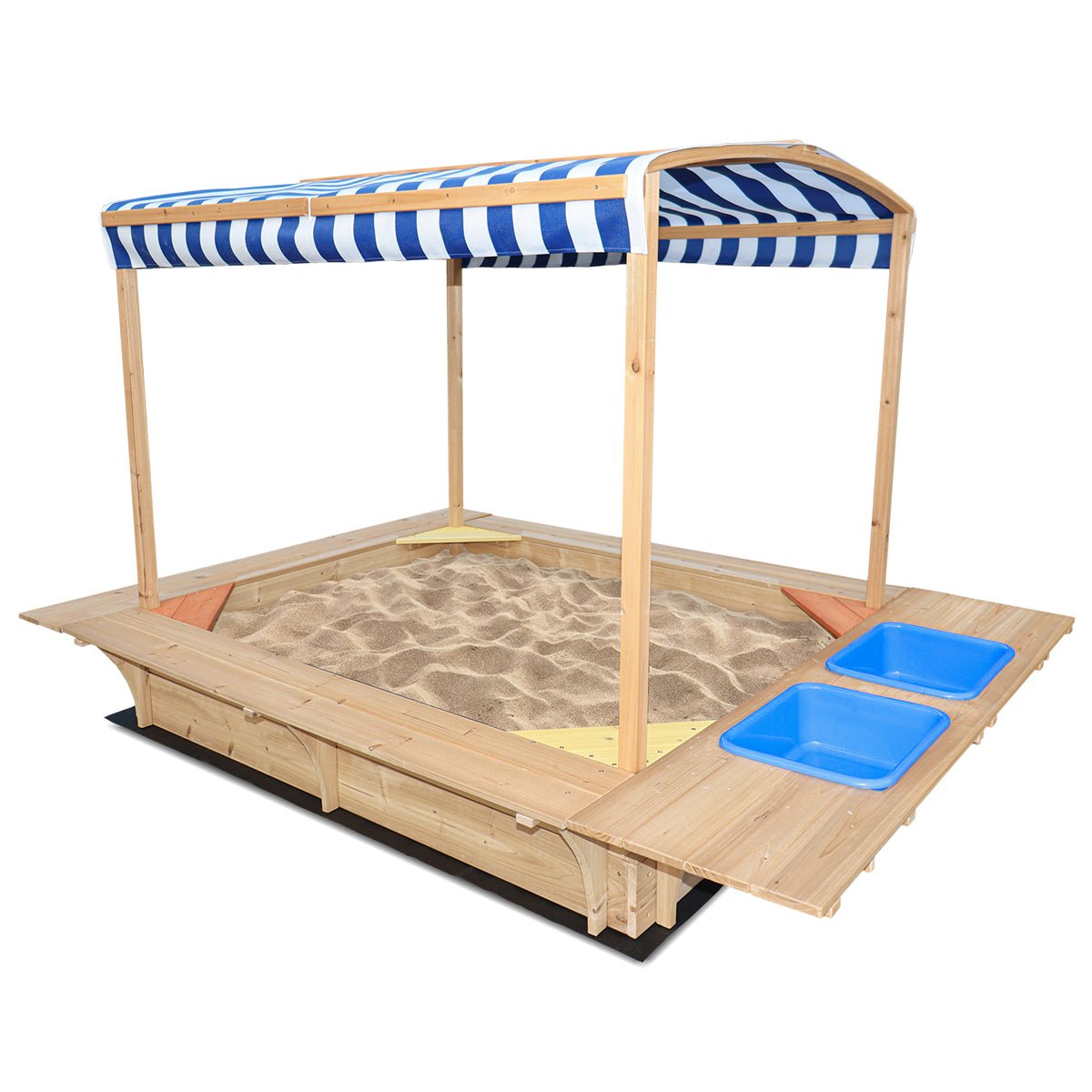 Blue and white striped sandpit playfort with canopy for outdoor fun and sun protection.