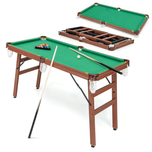 Kids folding pool table for family game nights, compact design for fun at home.