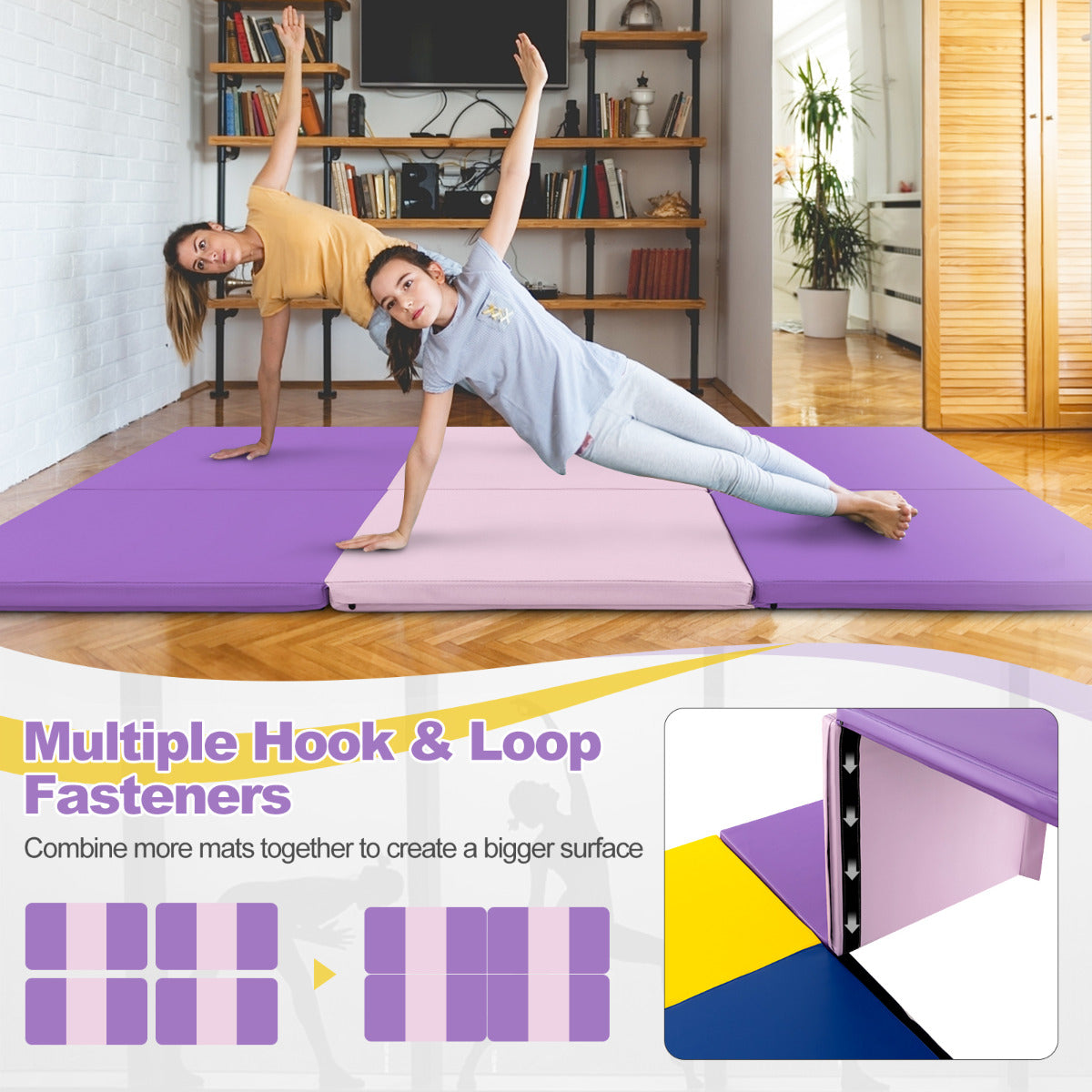 180x60cm 3-Fold Exercise Mat | Pink Purple | 2 Handles EPE Filler