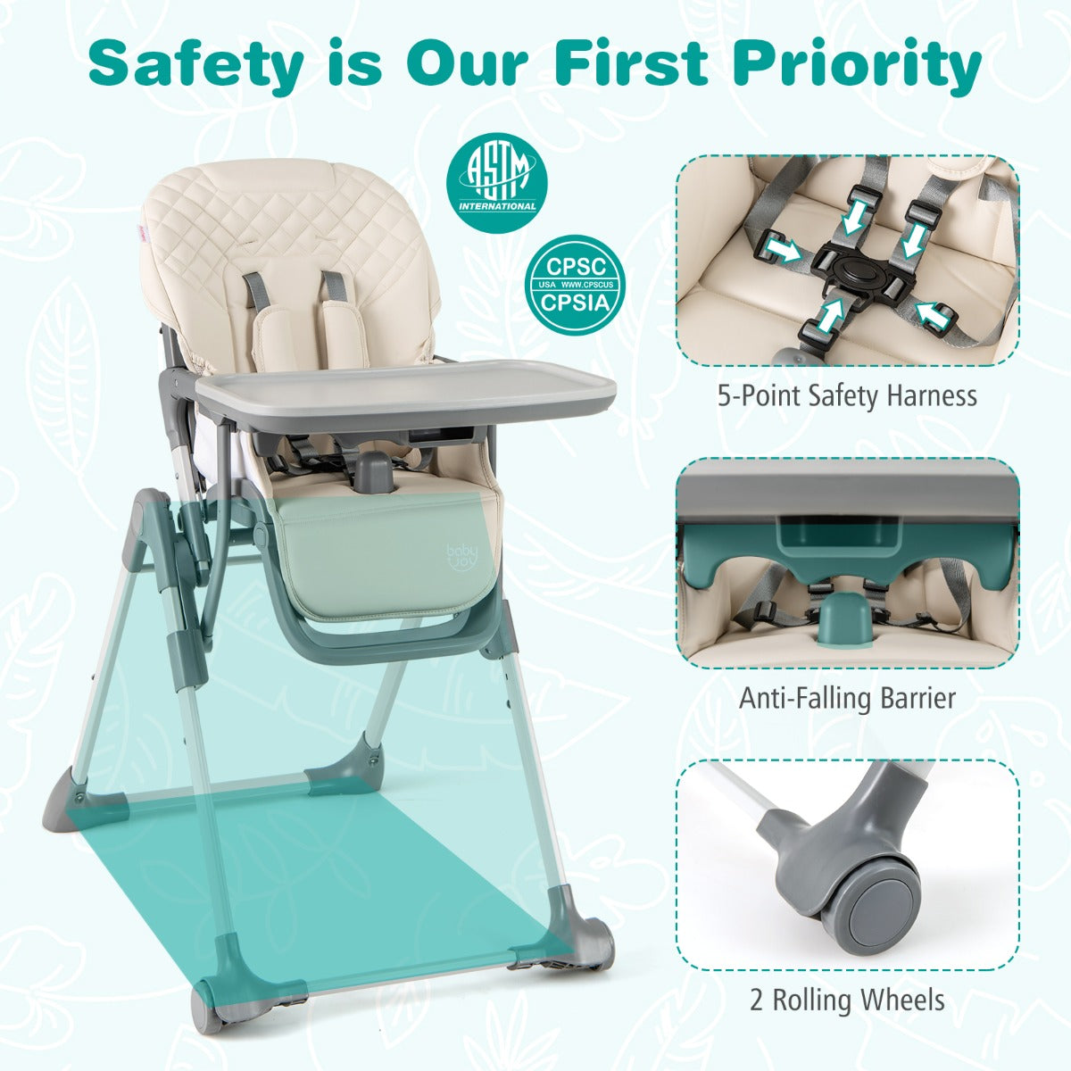 Portable Adjustable Highchair | Beige Multi-Use Seat with Wheels
