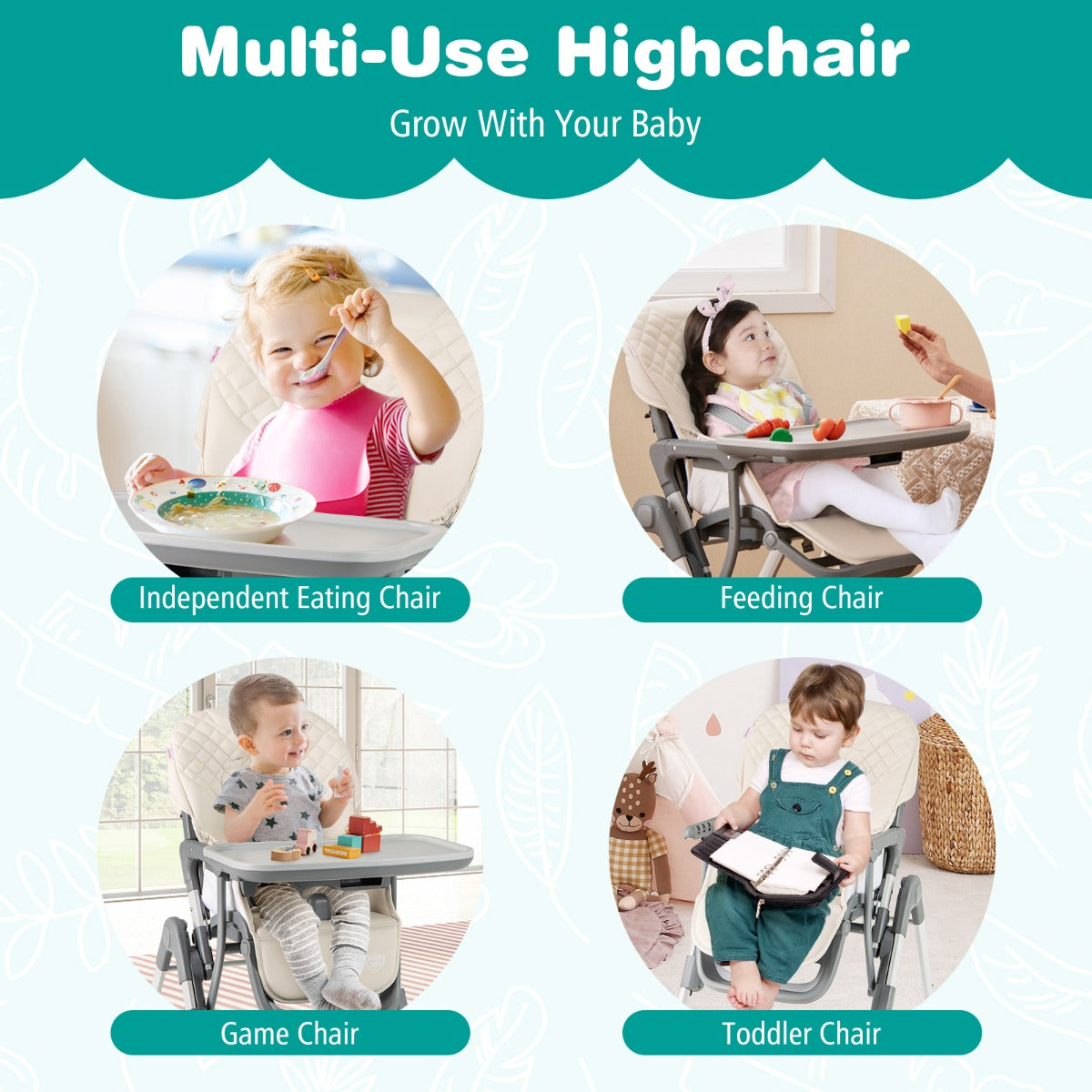 Portable Adjustable Highchair | Beige Multi-Use Seat with Wheels