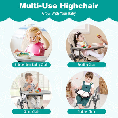 Portable Adjustable Highchair | Beige Multi-Use Seat with Wheels