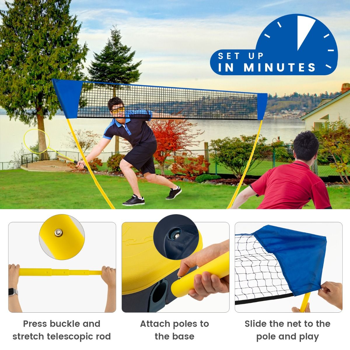 Portable Badminton Net Set | Blue & Yellow All-in-One Kit