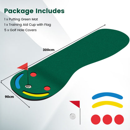 Green Golf Putting Mat | 3 Cups & Flag | Portable Practice Set