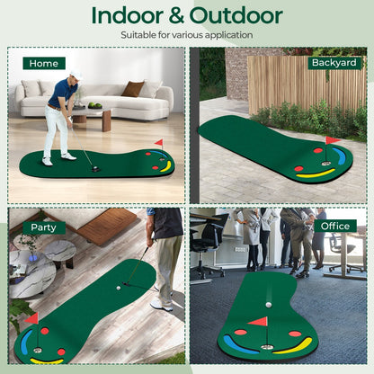 Green Golf Putting Mat | 3 Cups & Flag | Portable Practice Set