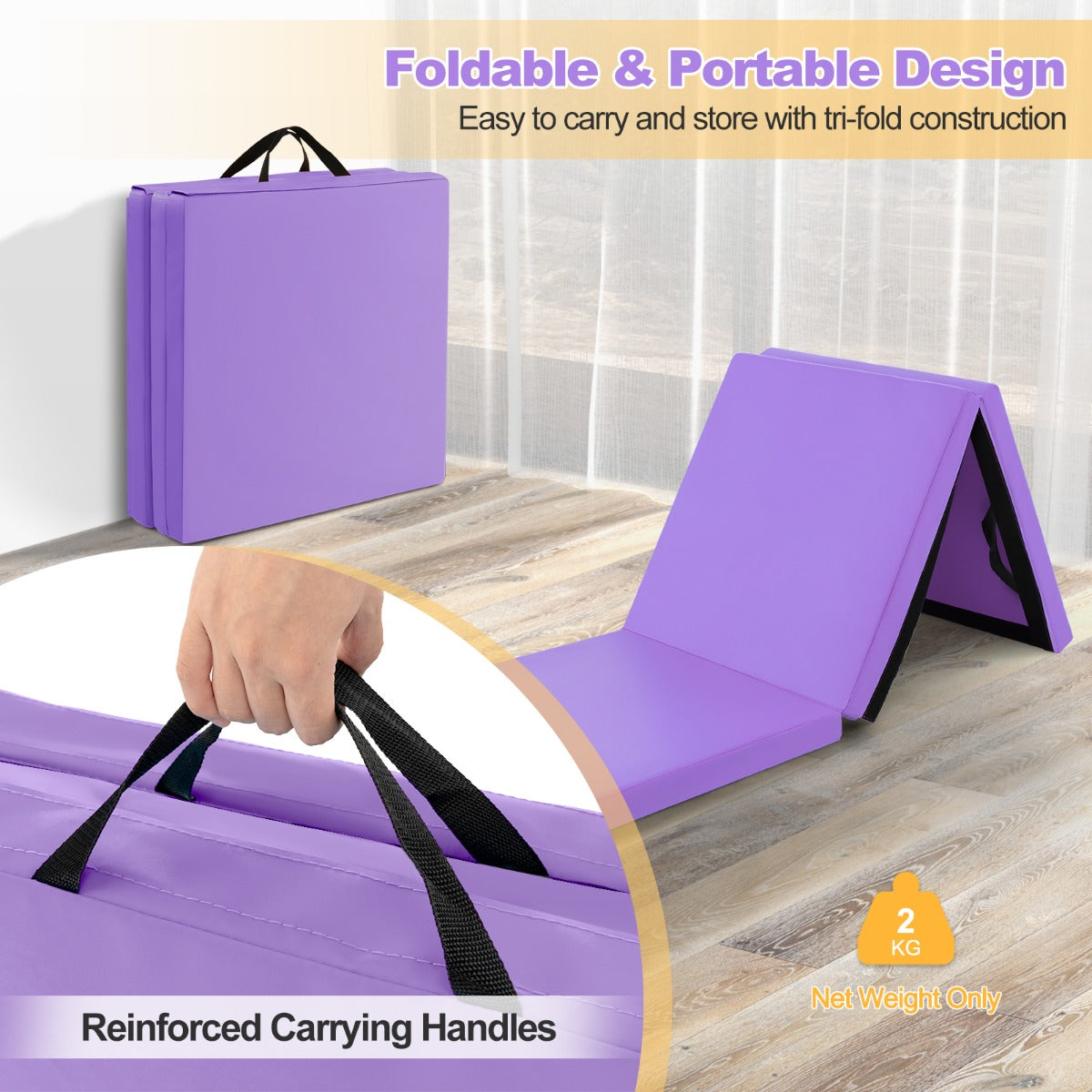 Portable 3 Fold Tumbling Mat | Purple EPE Filler Comfort