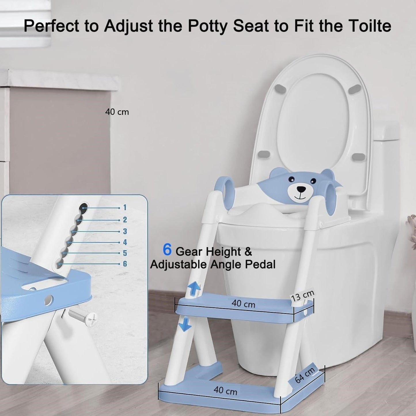 Blue potty training seat with ladder for kids, promoting independence and easy toilet training.