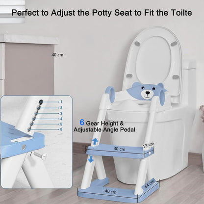 Blue potty training seat with ladder for kids, promoting independence and easy toilet training.