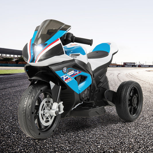 Blue BMW 12V ride-on motorcycle for kids with headlights, music. Ideal for childrens playtime.