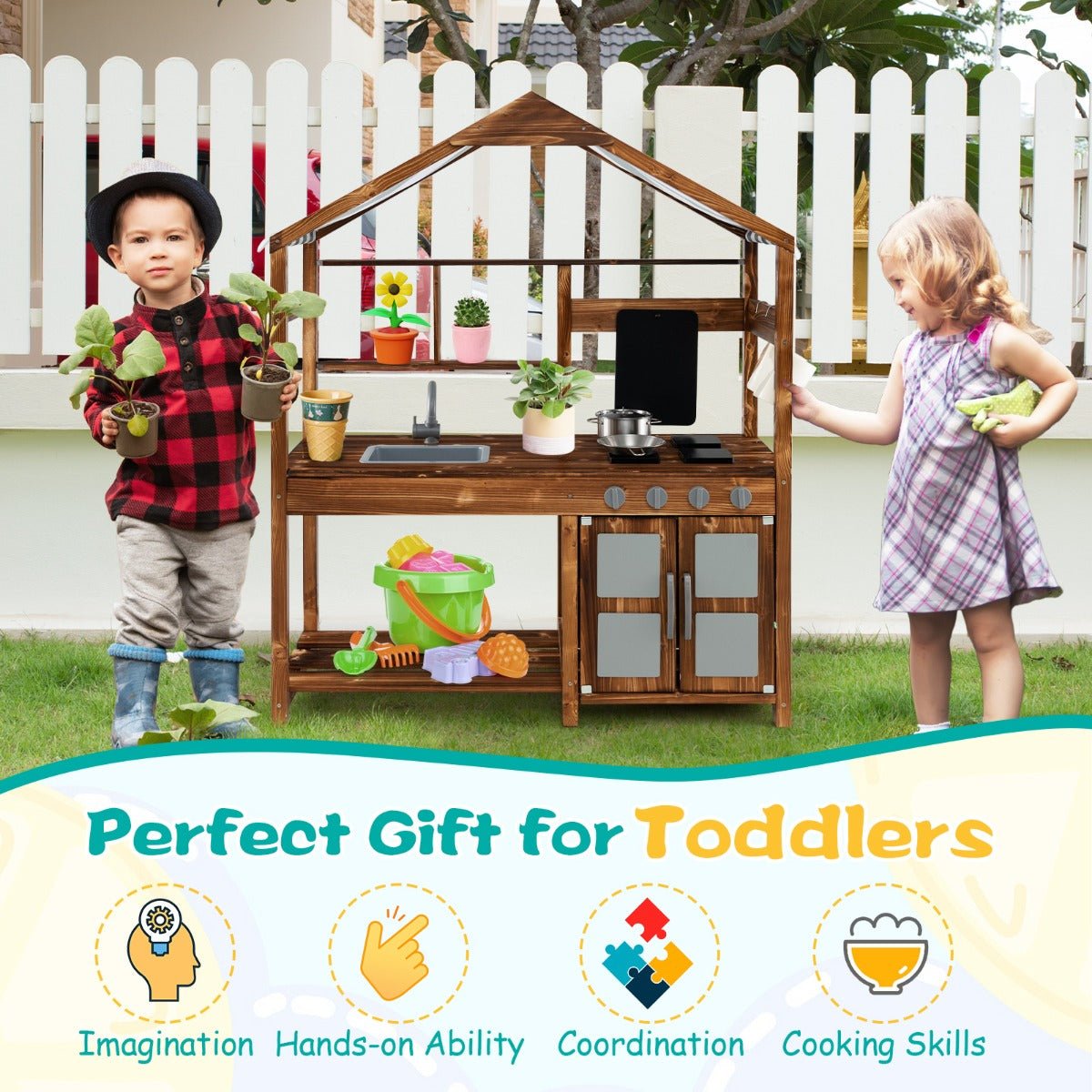 Kids outdoor wooden mud kitchen playset with storage, ideal for creative, sensory play.