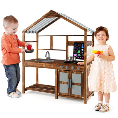 Wooden mud kitchen playset with storage, perfect for outdoor imaginative play for kids.