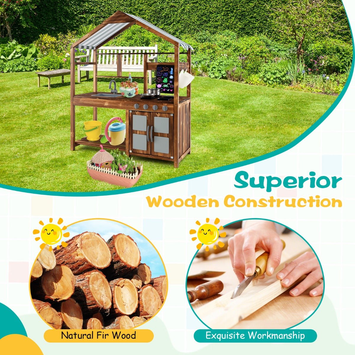 Kids outdoor wooden mud kitchen playset with storage, ideal for imaginative play at home.