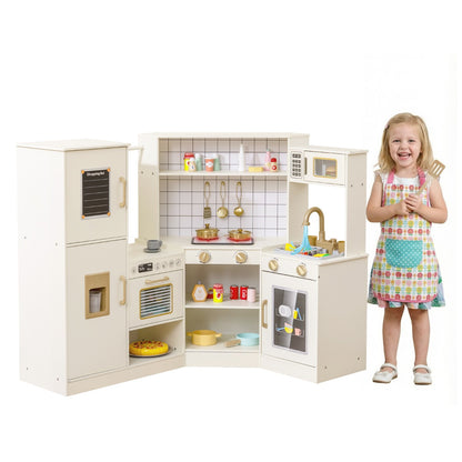 Pretend Play Corner Kitchen Set with Ice Dispenser and Water Circulation Faucet-Beige