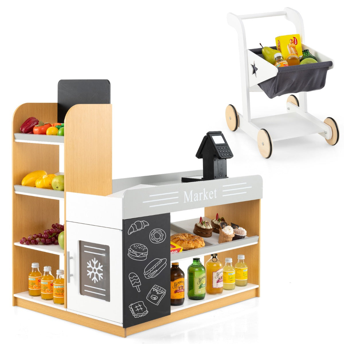Interactive pretend play grocery set featuring a white cart and counter for realistic shopping experiences