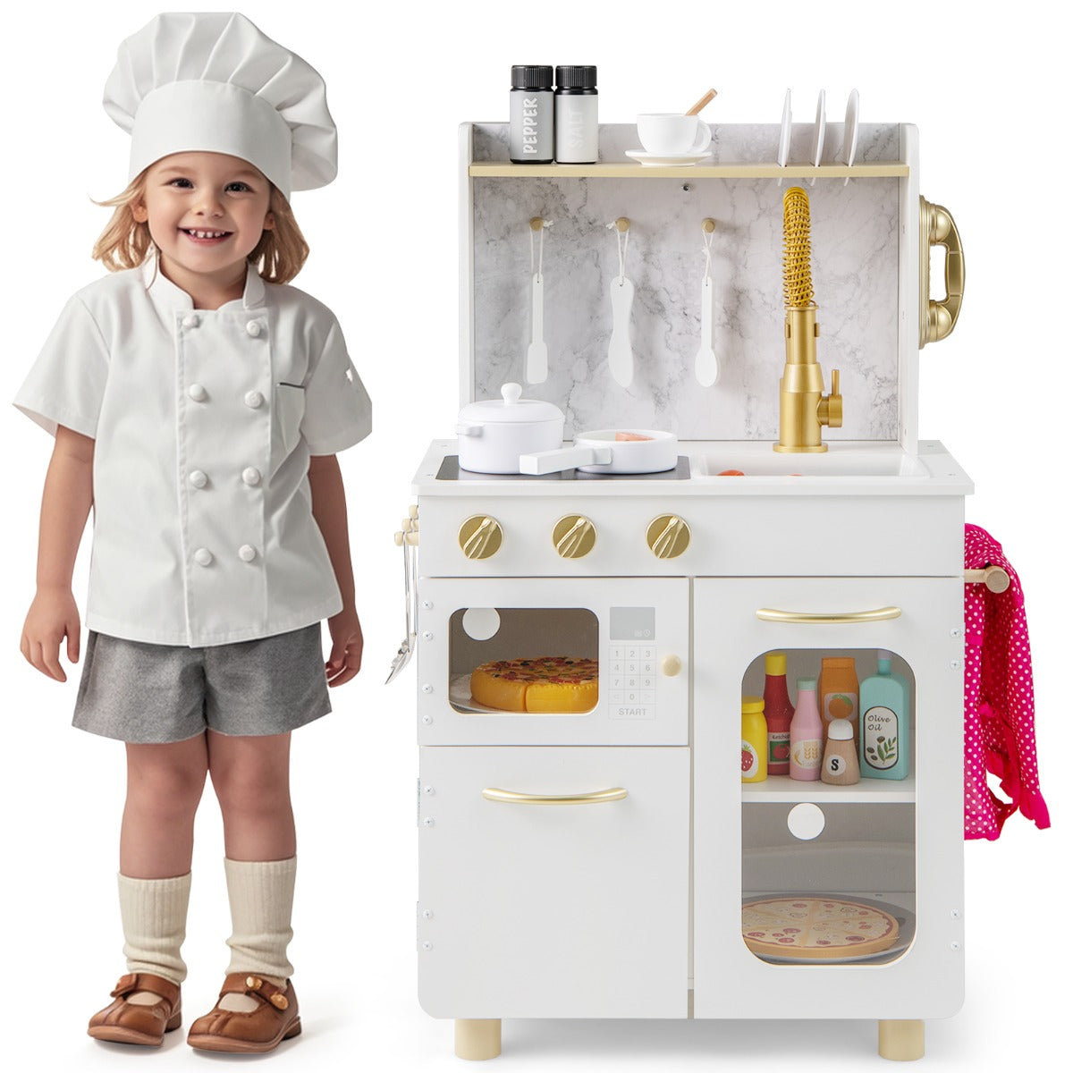 Pretend Play Kitchen | White Wooden Set with Stoves & Faucet