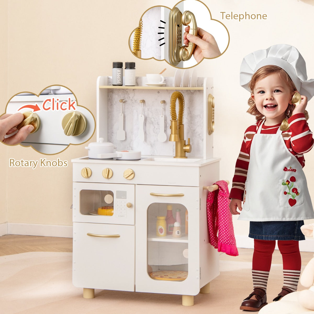 Pretend Play Kitchen | White Wooden Set with Stoves & Faucet