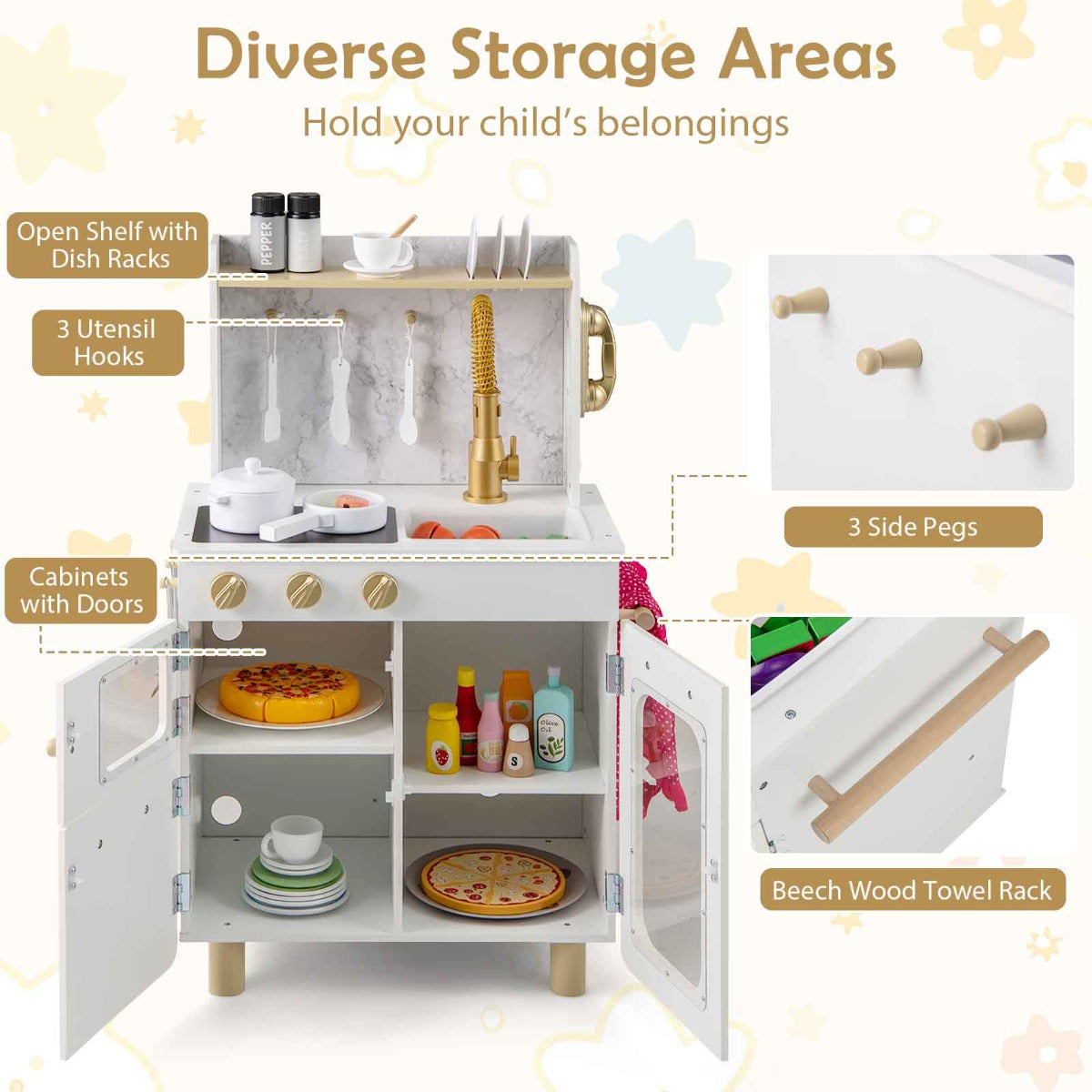 Pretend Play Kitchen | White Wooden Set with Stoves & Faucet