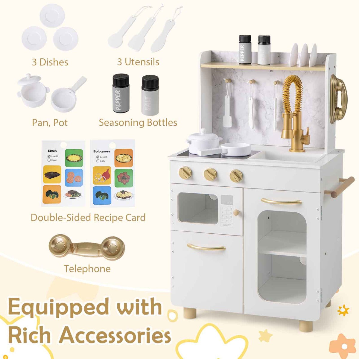 Pretend Play Kitchen | White Wooden Set with Stoves & Faucet