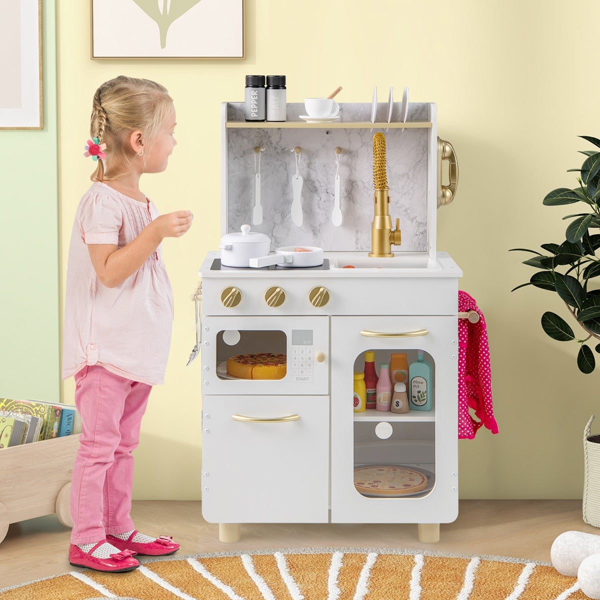 Pretend Play Kitchen | White Wooden Set with Stoves & Faucet