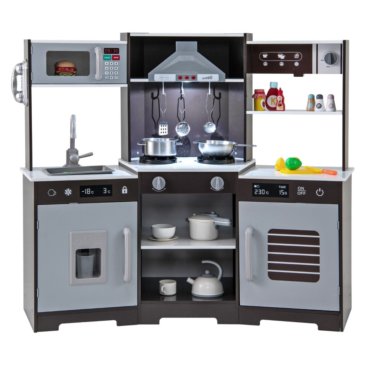 Realistic wooden play kitchen with interactive lights and sounds encourages imaginative cooking adventures.