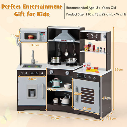 Realistic wooden play kitchen features interactive lights and sounds for immersive pretend cooking adventures.