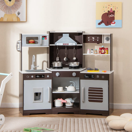 Realistic wooden play kitchen with interactive lights and sounds encourages imaginative cooking adventures.