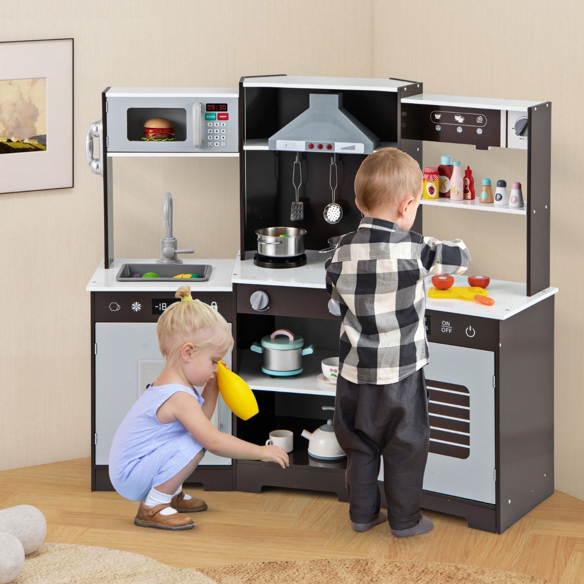 Realistic wooden play kitchen with interactive lights and sounds encourages imaginative cooking adventures.