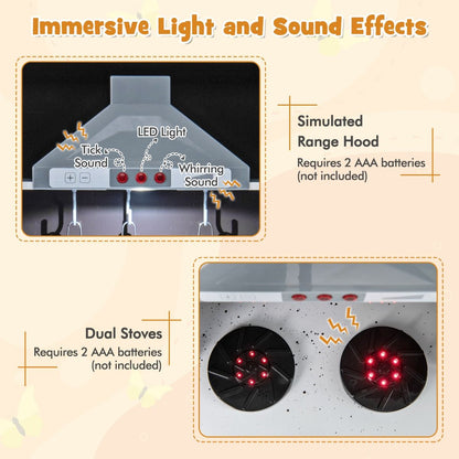 Wooden play kitchen with realistic lights and sounds offers immersive pretend cooking experience for children.