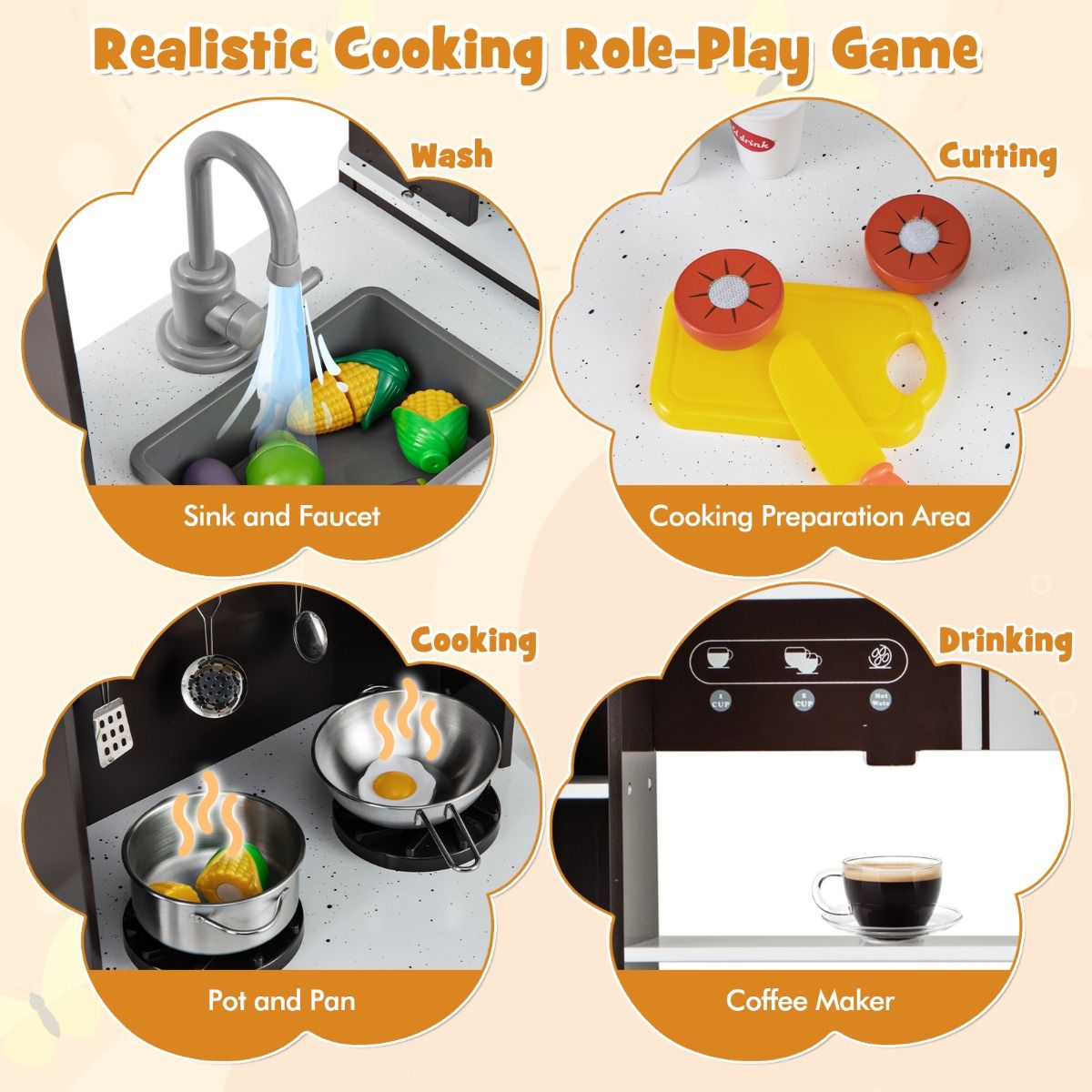 Kids Realistic wooden play kitchen with interactive lights and sounds encourages imaginative cooking adventures.