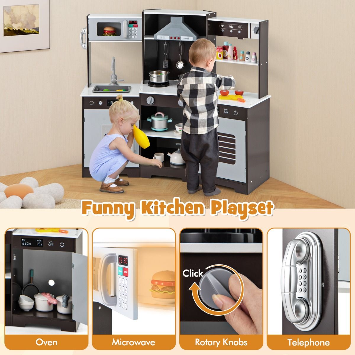 Wooden play kitchen with realistic lights and sounds offers interactive pretend cooking experiences for children.