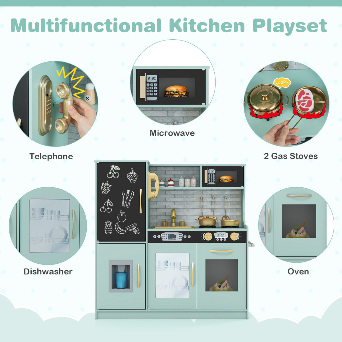 Kids Pretend Kitchen Playset | Sound Effects & Accessories Green