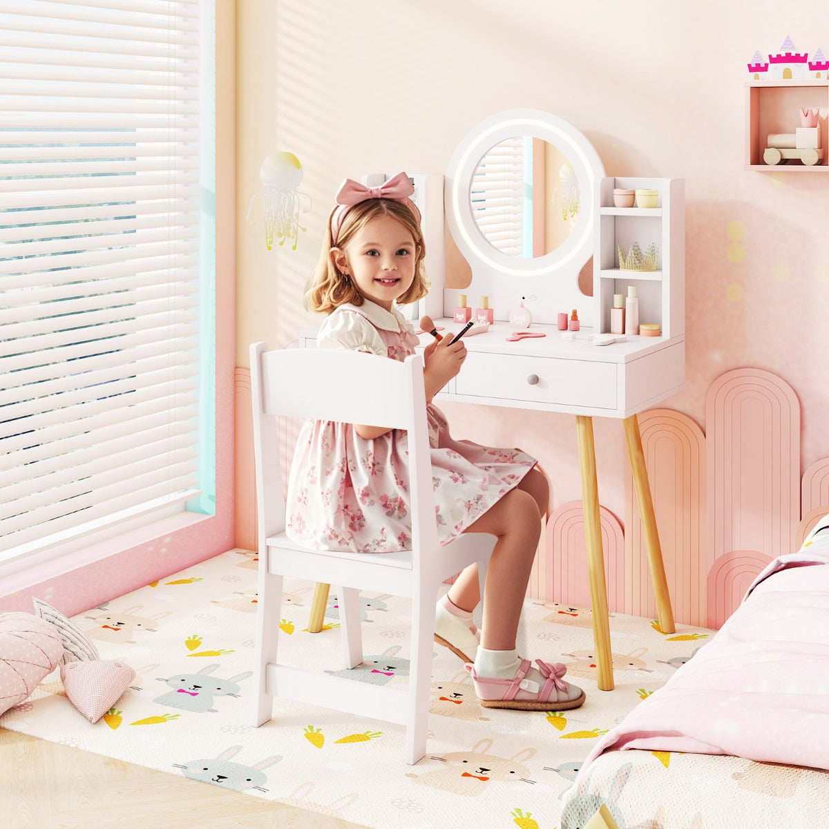 Princess Dressing Table and Chair Set with 2-Color Front Lit Mirror-White