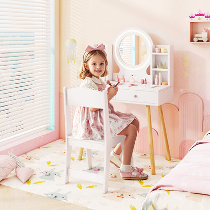 Princess Dressing Table and Chair Set with 2-Color Front Lit Mirror-White