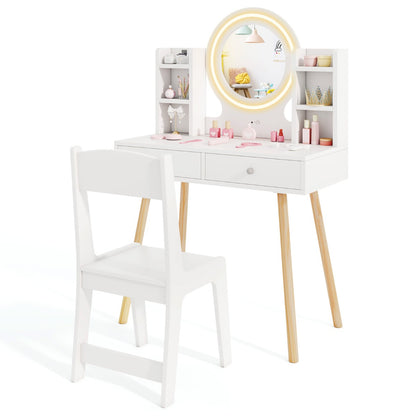 White Princess Vanity Set | 2-Color LED Mirror & Storage Chair