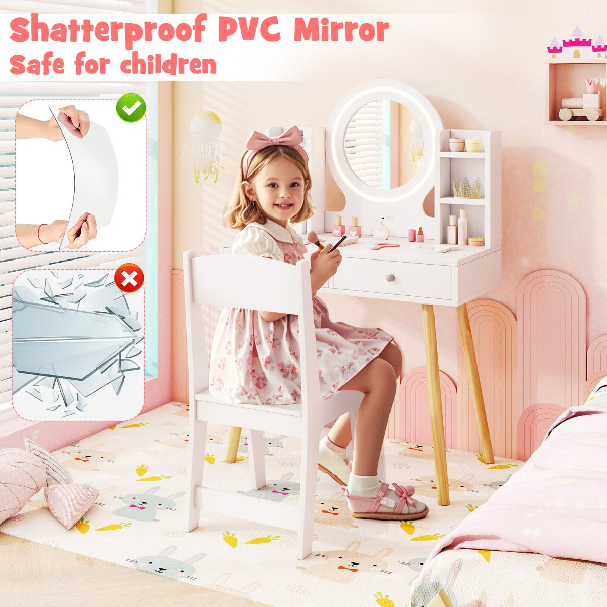 White Princess Vanity Set | 2-Color LED Mirror & Storage Chair